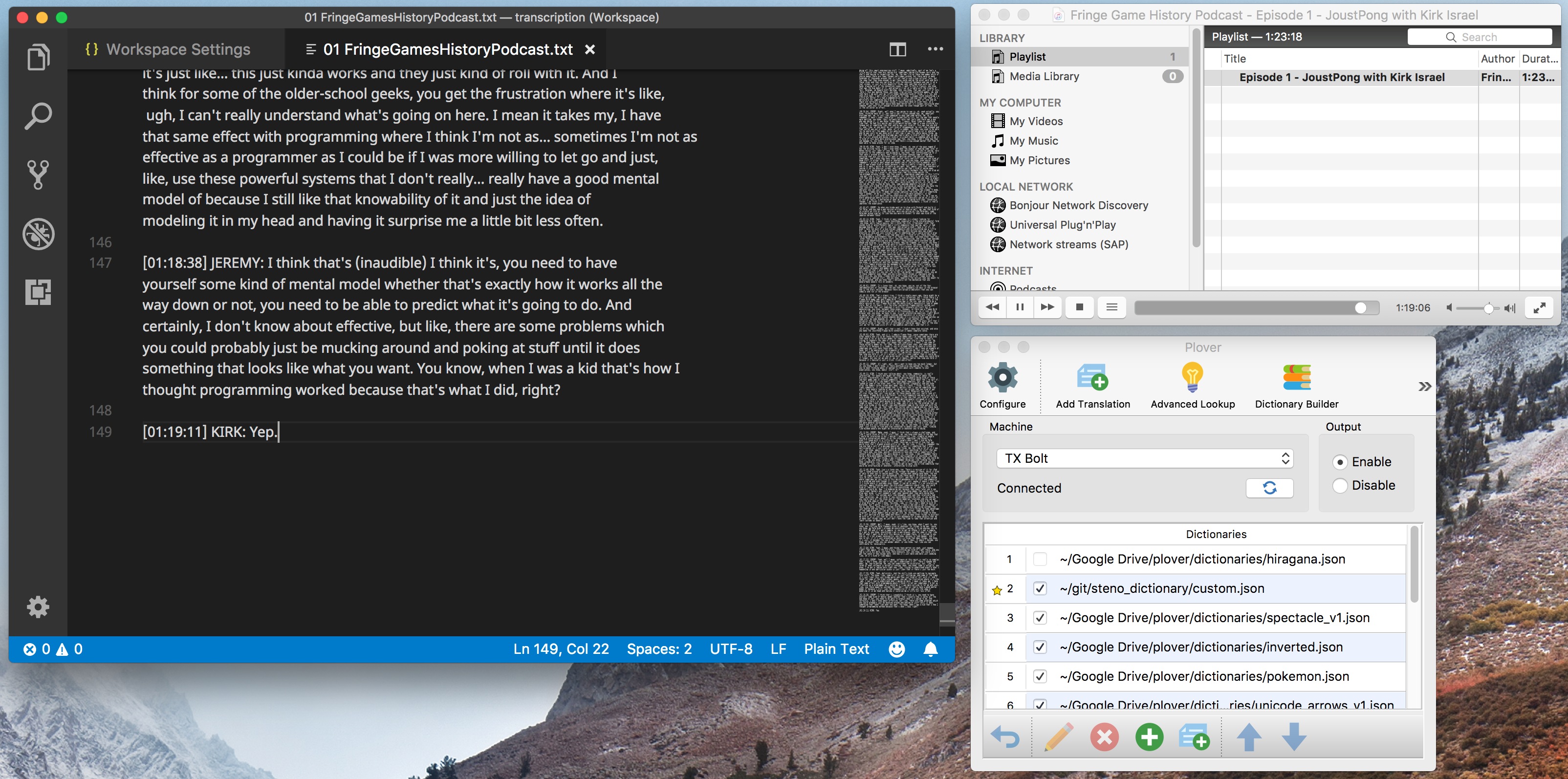 Screenshot of VSCode with an in-progress transcript, Plover in the enabled state, and VLC playing a podcast